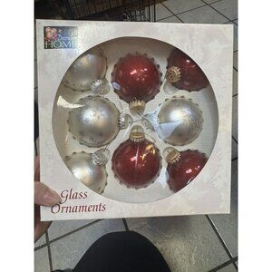 Vintage December Home 8 glass Ornaments Red And White/Snowflack